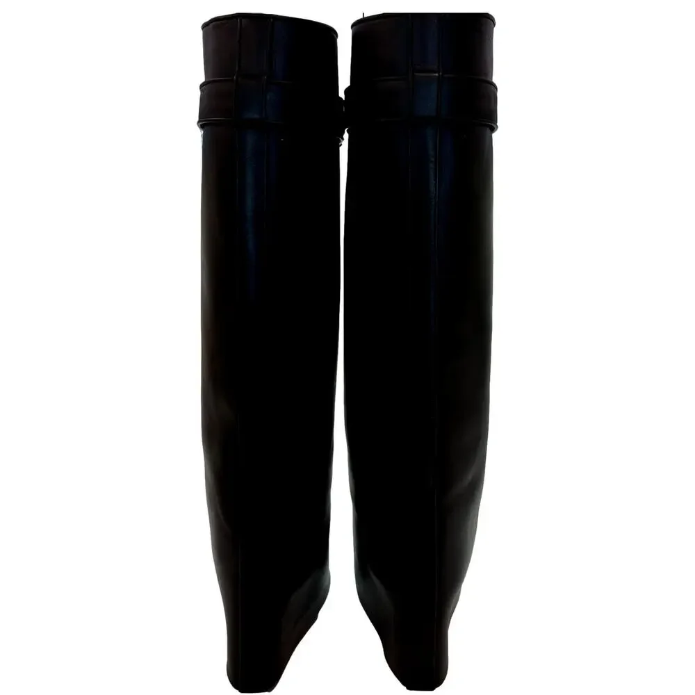 Givenchy Shark Lock Leather Wedge Knee High Boots Black Women’s 38 8 - Picture 14 of 17